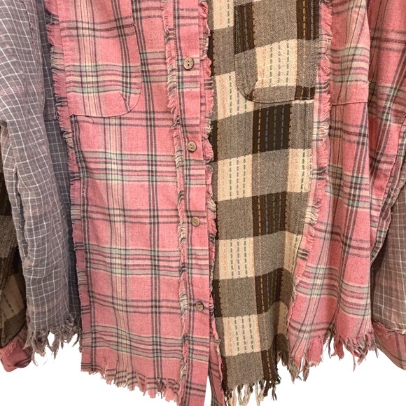 Bad Little Country Girl Tina Patchwork Plaid Boho Western Pink Brown XL Frayed - Picture 3 of 7